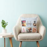 Baby blue silver glitter photo collage name throw pillow<br><div class="desc">A unique gift for a birthday, Christmas, mother's day, celebrating her life with a collage of 5 of your own photos, pictures. Personalize and add her name and monogram letter. A trendy baby blue background. Decorated with faux silver glitter dust. Grey and white letters. The name is written with a...</div>