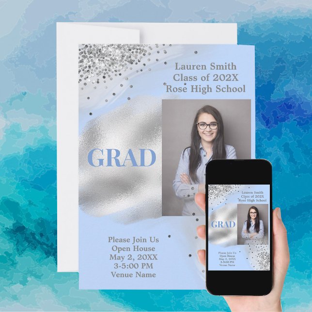 Baby Blue Silver Glitter Photo Graduation  Invitation (Creator Uploaded)