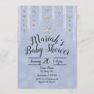 Baby Blue & Silver Glitter Stars Baby Shower Invitation