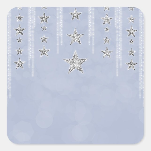 Baby Blue & Silver Glitter Stars Sweet 16 Party Square Sticker (Front)