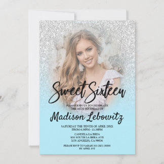 Baby Blue & Silver Glitter Sweet 16 Photo Invite