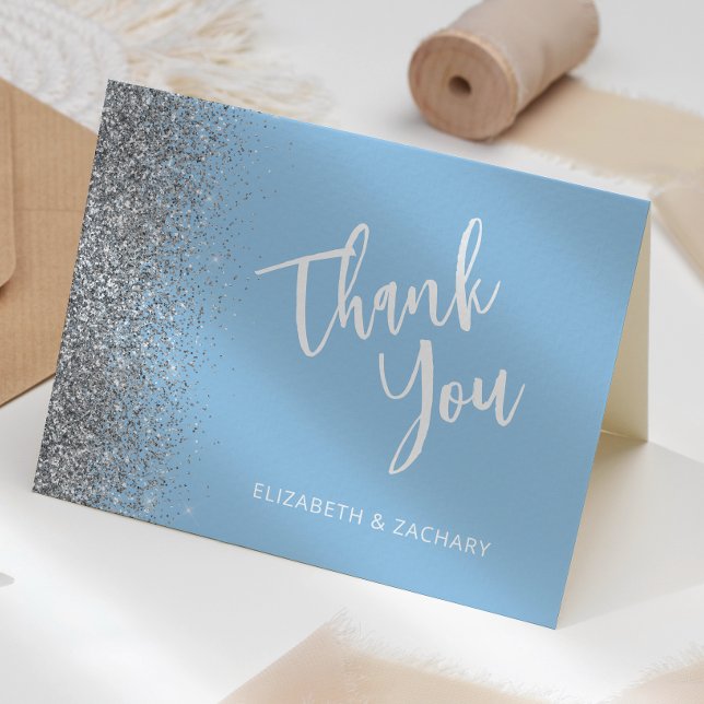 Baby Blue Silver Glitter Wedding Thank You Card (Creator Uploaded)