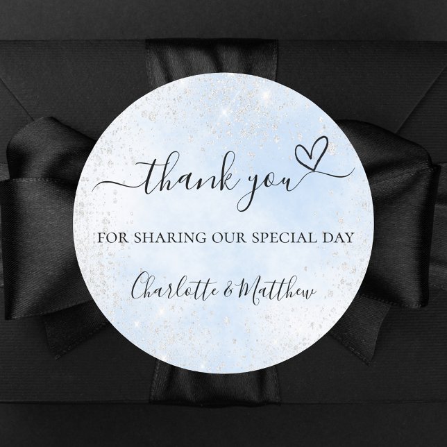Baby blue silver heart thank you wedding classic round sticker (Creator Uploaded)