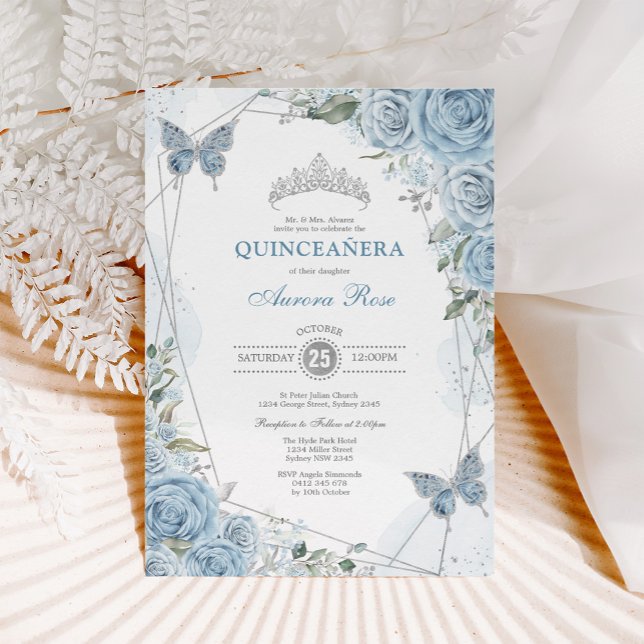 Baby Blue Silver Quinceañera Butterfly Geometric Invitation (Creator Uploaded)
