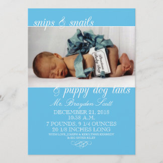 Baby Blue Snips & Snails Photo Birth Announcements