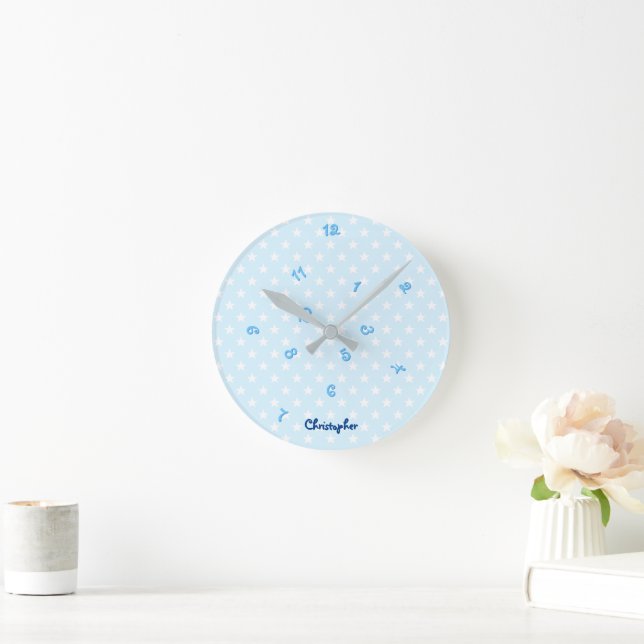 Baby Blue Stars Custom Name Boys Kids Room Decor Round Clock (Home)