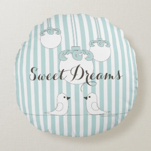 Baby Blue Stripe Cute Bird Children's Nursery Room Round Pillow