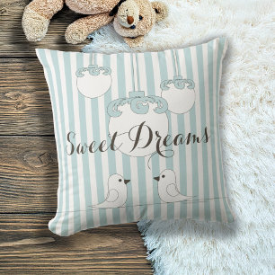 Baby Blue Stripe Cute Birds Nursery / Kids Bedroom Throw Pillow