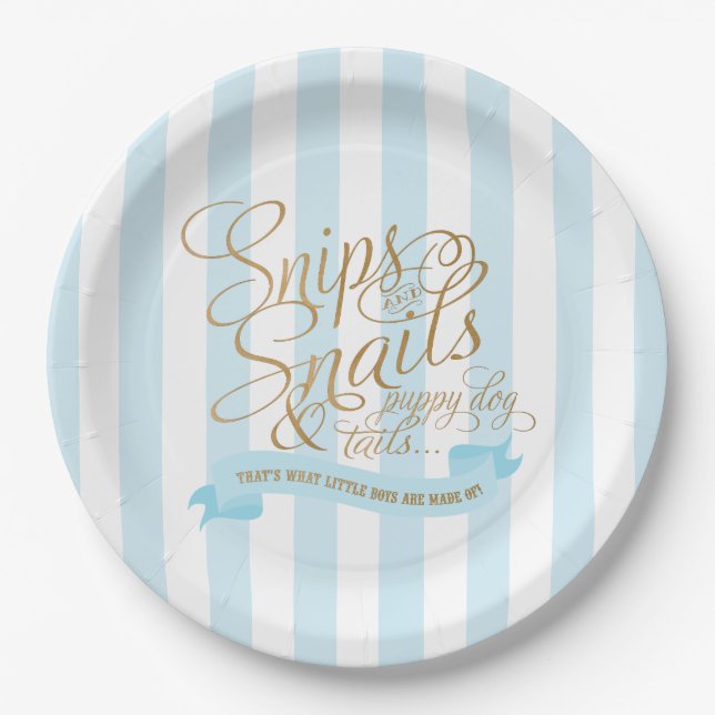 Baby blue Striped Snips and Snails Paper Plates (Front)