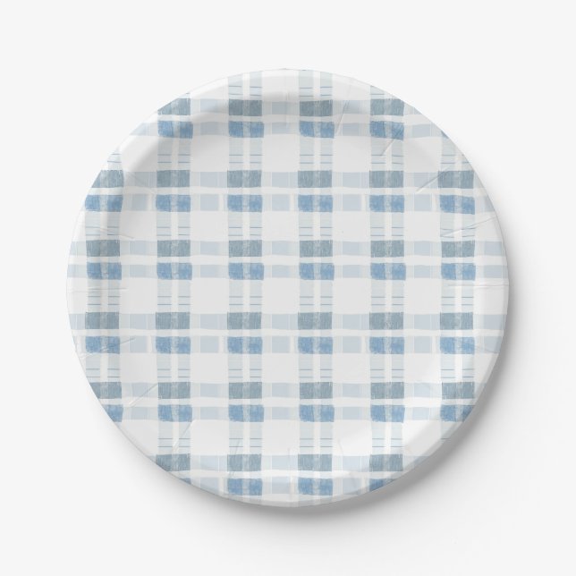 Baby Blue Stripes Chequered Pattern Paper Plate (Front)