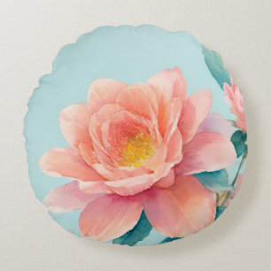 Baby Blue, Teal and Pink Floral Watercolor Round Pillow