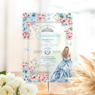 Baby Blue Tiara Floral Butterflies Quinceañera Acrylic Invitations