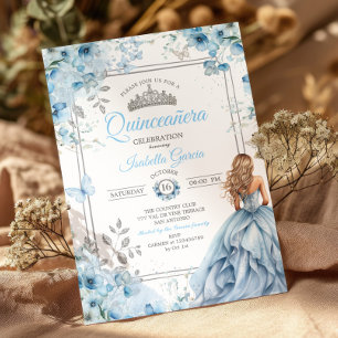 Baby Blue Tiara Floral Butterflies Quinceañera Invitation