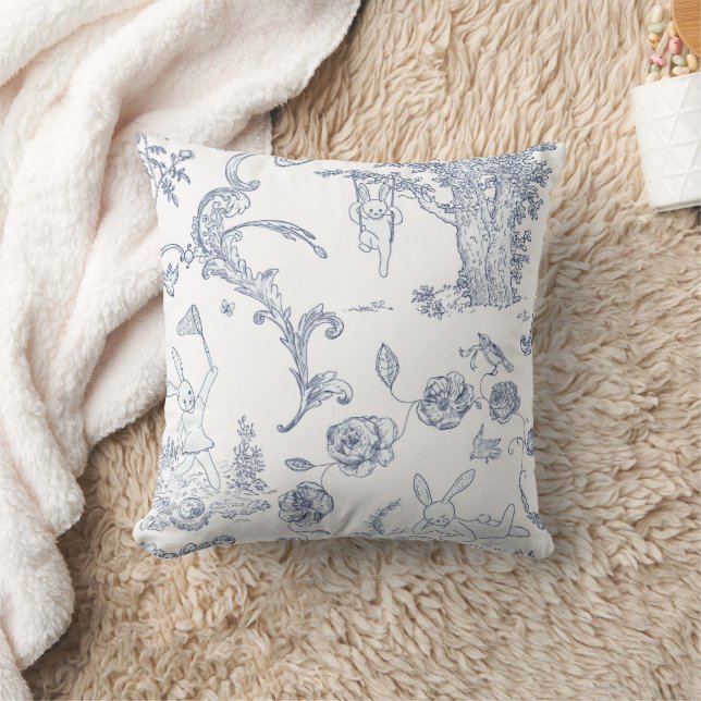 Baby Blue Toile Bunny Rabbit Playground Throw Pillow (Blanket)