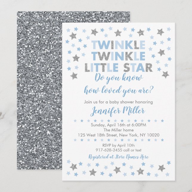 Baby Blue Twinkle Star Baby Shower Invitation (Front/Back)