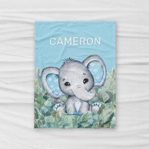 Baby Blue Watercolor Elephant Personalized Name Fleece Blanket