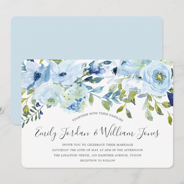 Baby Blue Watercolor Flowers Winter Wedding Invitation (Front/Back)