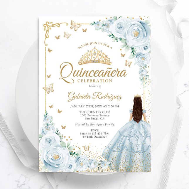 Baby Blue Watercolor Roses Gold Quinceanera Invitation (Creator Uploaded)