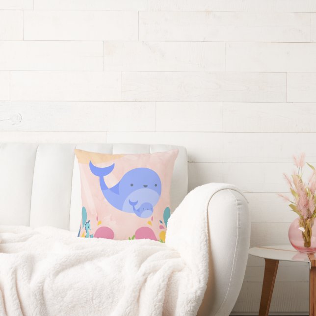 Baby blue whale in pink ocean scene throw pillow (Couch)