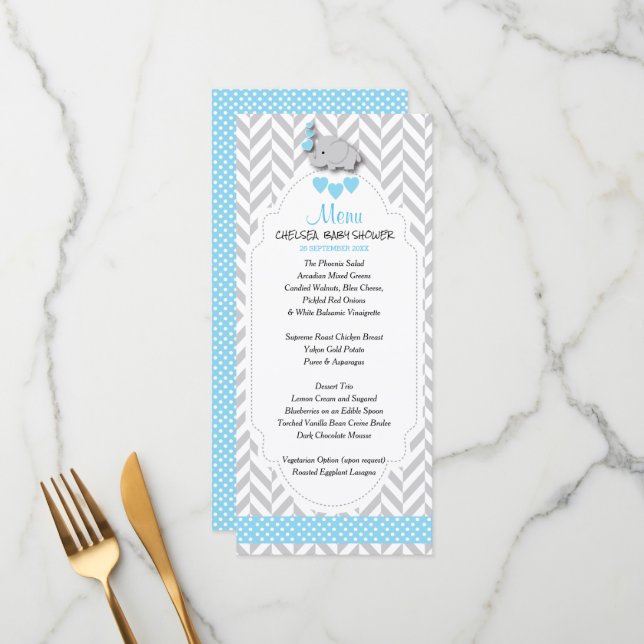 Baby Blue, White and Grey Elephant - Baby Shower M Menu (Front/Back In Situ)