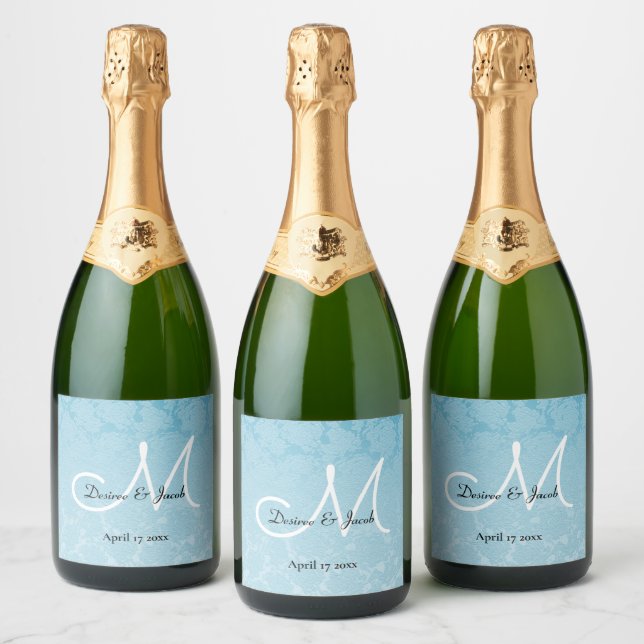 Baby Blue White Black Elegant Wedding Monogram Sparkling Wine Label (Bottles)