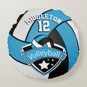 Baby Blue, White & Black Personalize Volleyball Round Pillow