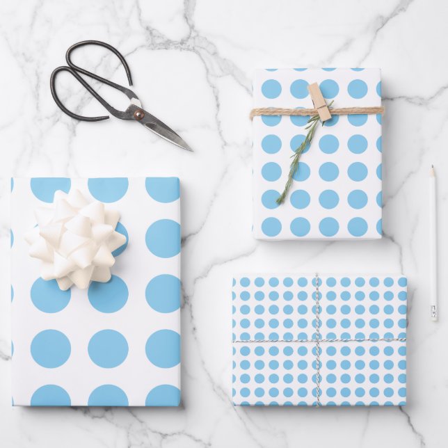 Baby Blue & White Different Sizes Horiz Polka Dots Wrapping Paper Sheet (Front)