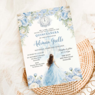 Baby Blue White Floral Cinderella Quinceanera 15 Invitation