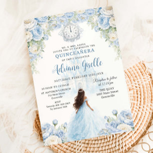 Baby Blue White Floral Cinderella Quinceanera 15 Invitation