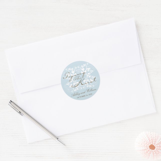 Baby Blue & White Floral Flourish Tying The Knot Classic Round Sticker (Envelope)