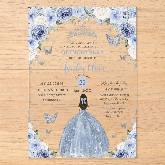 Baby Blue White Floral Princess Quinceañera XV 16 Acrylic Invitations (Front)