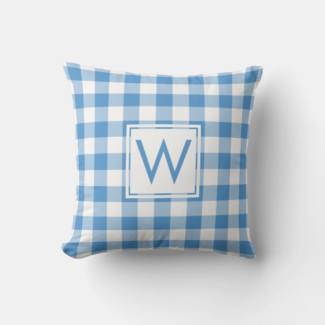Baby Blue White Gingham Pattern, Custom Monogram Throw Pillow (Front)