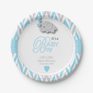 Baby Blue, White Grey Elephant Baby Shower 2 Paper Plate