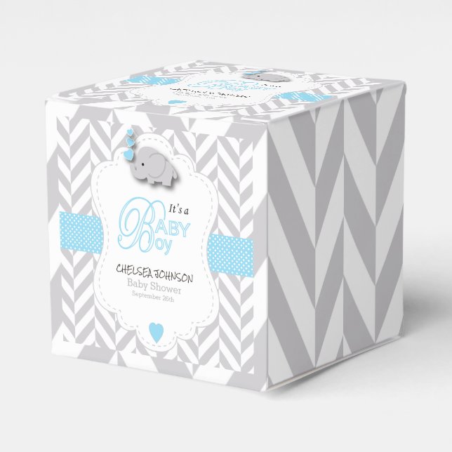 Baby Blue, White Grey Elephant Baby Shower Favor Box (Front Side)