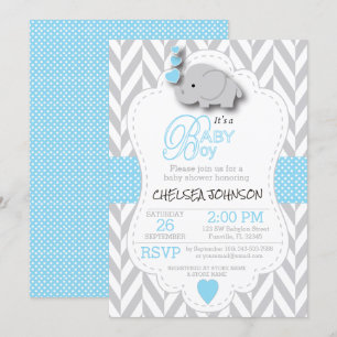Baby Blue, White Grey Elephant 🐘 Baby Shower Invitation