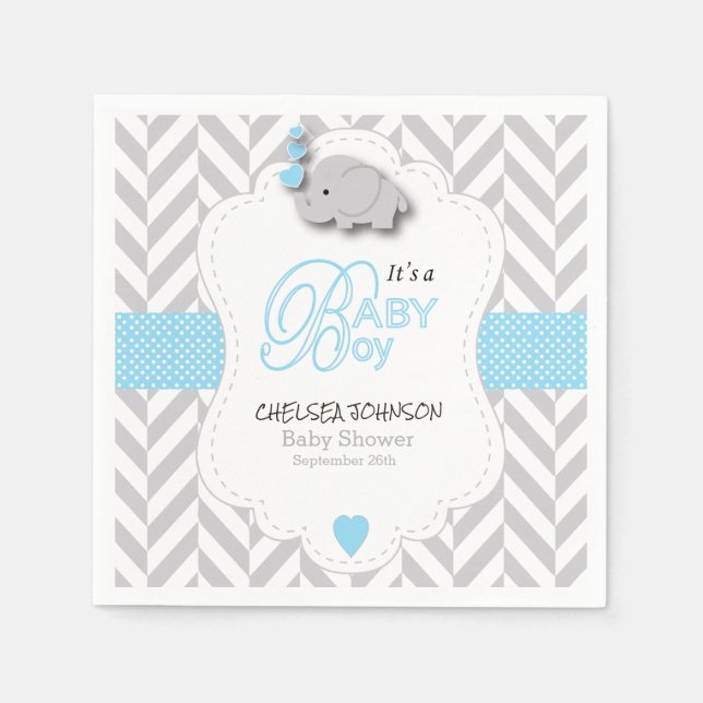 Baby Blue, White Grey Elephant Baby Shower Napkin (Front)
