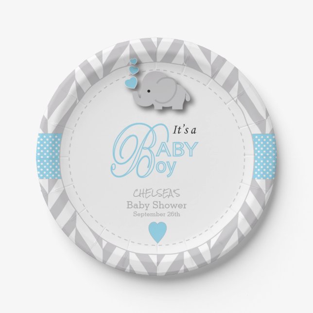 Baby Blue, White Grey Elephant Baby Shower Paper Plate (Front)