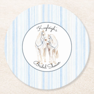 Baby Blue White Horses Stripes Bridal Shower  Round Paper Coaster