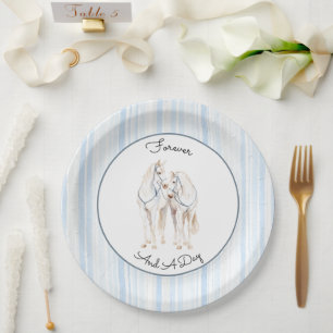 Baby Blue White Horses Stripes Wedding Paper Plate