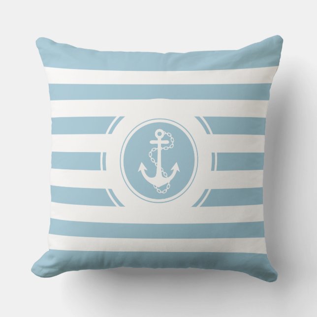 Baby Blue & White Stripes Nautical Anchor Throw Pillow (Front)