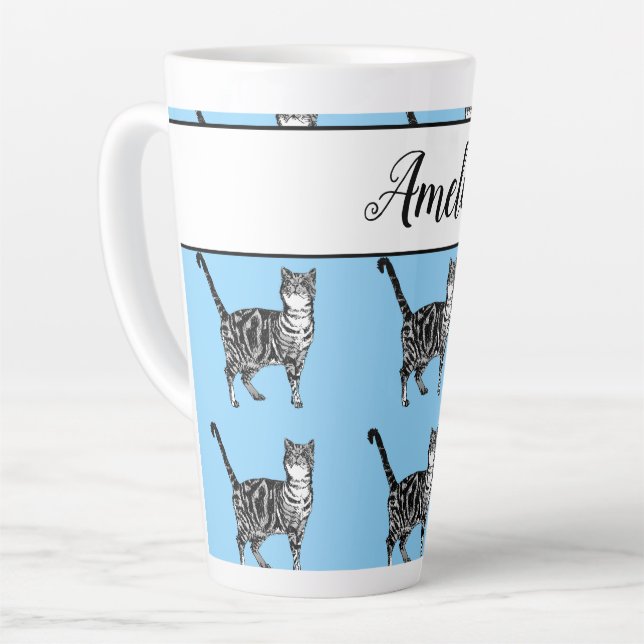 Baby Blue White Tabby cat Cats Whimsical Art Latte Mug (Left Angle)