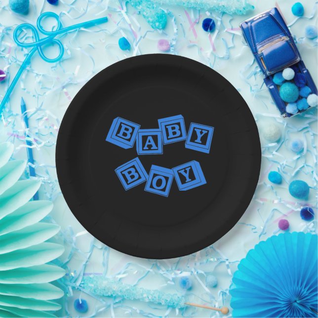 Baby Blue Wood Alphabet Cube Blocks Paper Plate (Party)