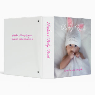 Baby Book, Photo, Name Date, Fuchsia Text on White Binder