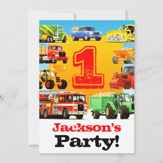 Baby Boy 1st Birthday Big Trucks Party Invitation (Front)
