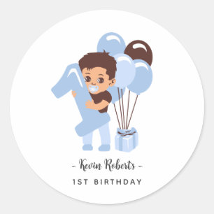 Baby Boy 1st Birthday Blue Balloon Classic Round Sticker