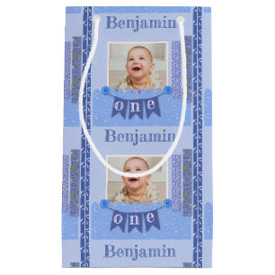 Baby Boy 1st Birthday Blue Scrapbook Small Gift Ba Small Gift Bag
