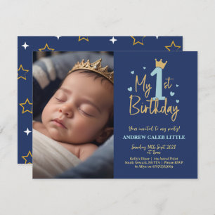 Baby boy 1st birthday invitation with photo