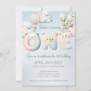 Baby Boy 1st Birthday Teddybear Air Balloon Clouds Invitation