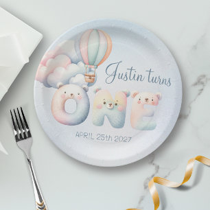 Baby boy 1st birthday teddybear hot air balloon paper plate