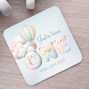 Baby boy 1st birthday teddybear hot air balloon square paper coaster